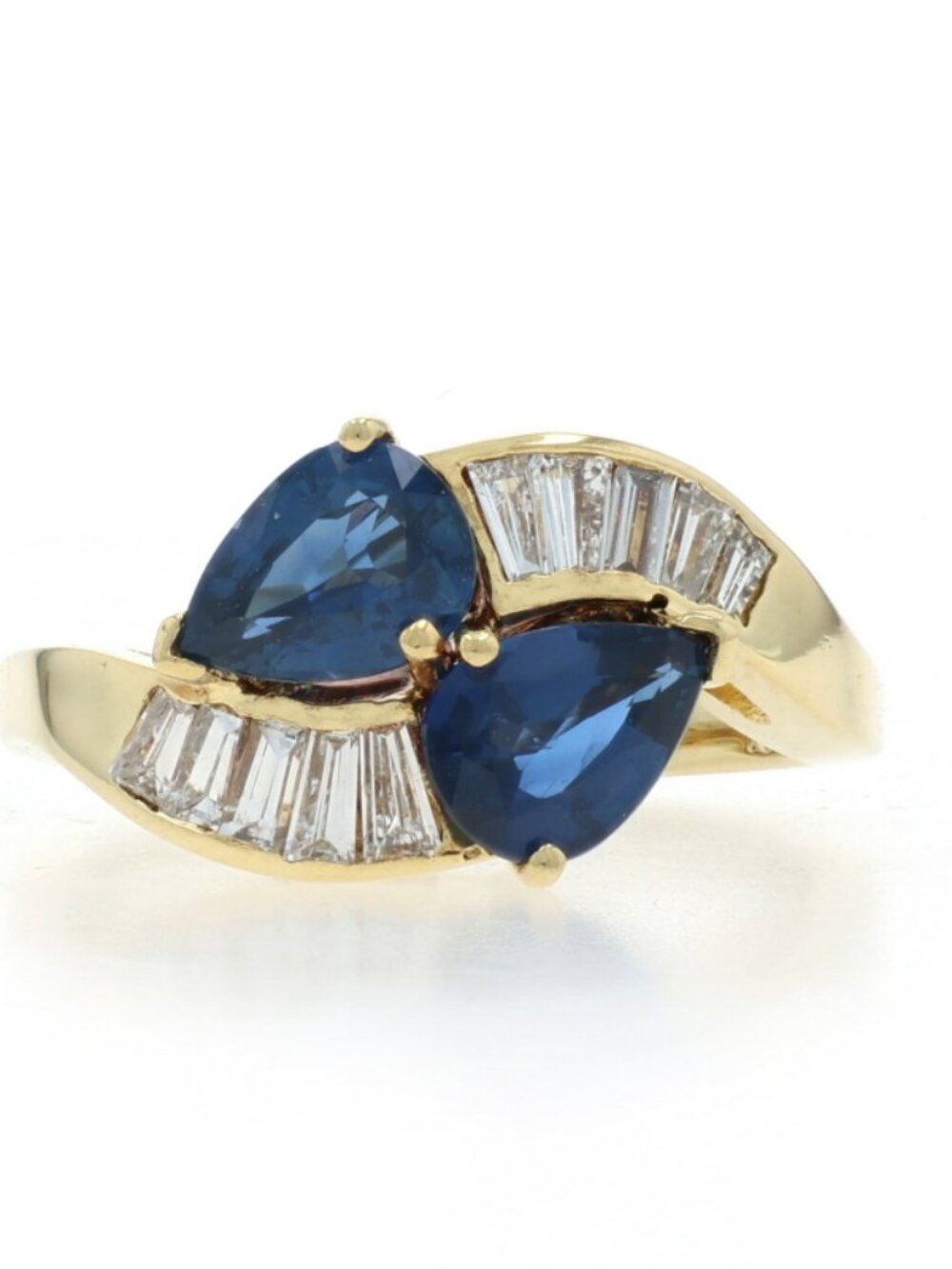 Yellow Gold Sapphire Diamond Two-Stone Bypass Ring - 18k Pear 2.10ctw